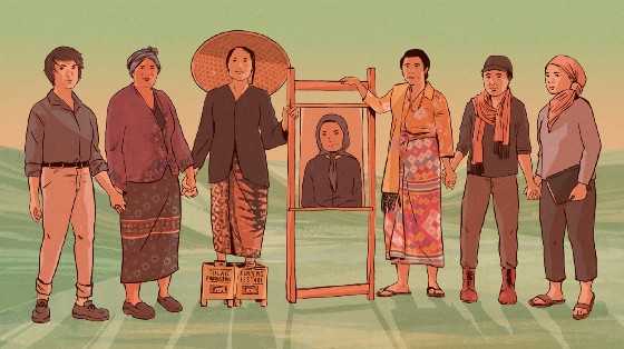 From left, Farwiza Farhan, Aleta Baun, Sukinah, Patmi, Lodia Oematan and Eva Bande, the women featured in this series, together with Febriana Firdaus, far right. Illustration by Nadiyah Rizki.