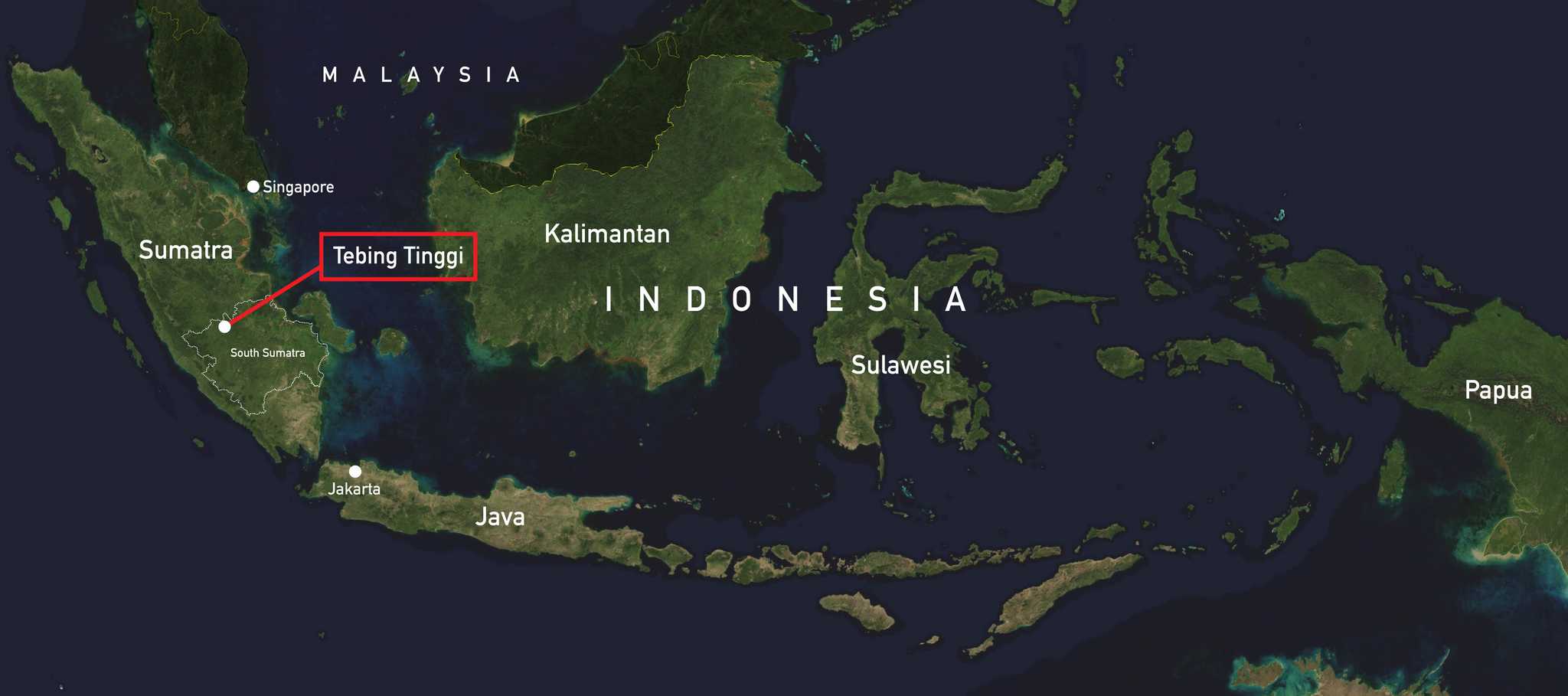 Map of Tebing Tinggi in South Sumatra province, Indonesia.