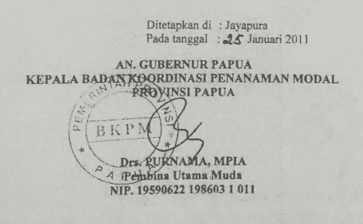 Purnama’s signature on a copy of the IUP for PT Megakarya Jaya Raya.