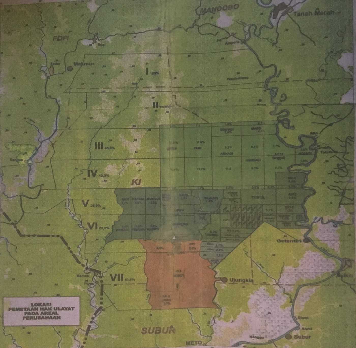 Peta wilayah tanah adat dalam proyek Tanah Merah, Boven Digoel, menurut perusahaan