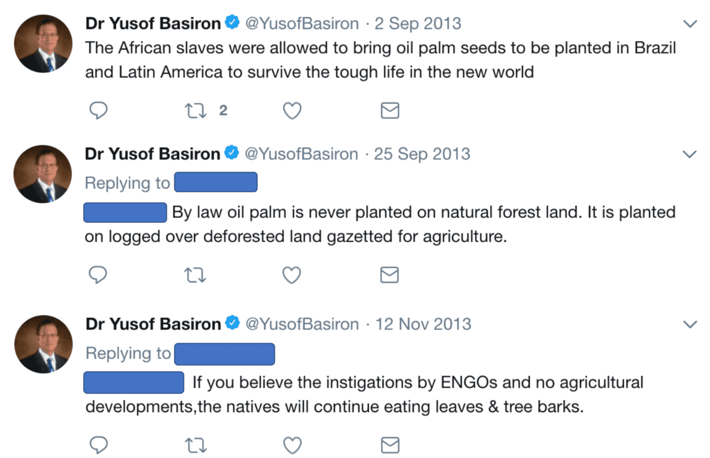 Yusof Basiron uses his Twitter feed to rail against critics of the palm oil industry, on occasion using misleading or inaccurate information