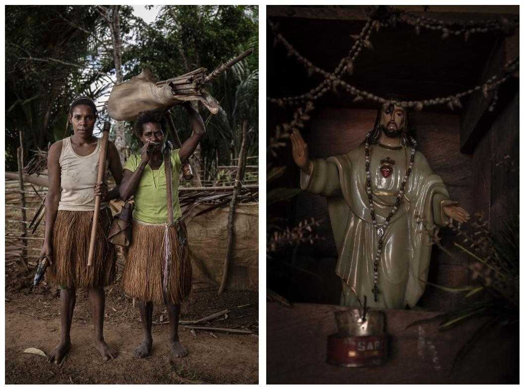 Left: Auyu women display the tools they use when going to the forest or to gather sago. Right: Rosary beads, used by indigenous Papuans who are Catholic, are made from fruit plants that grow in the edge of the forest.