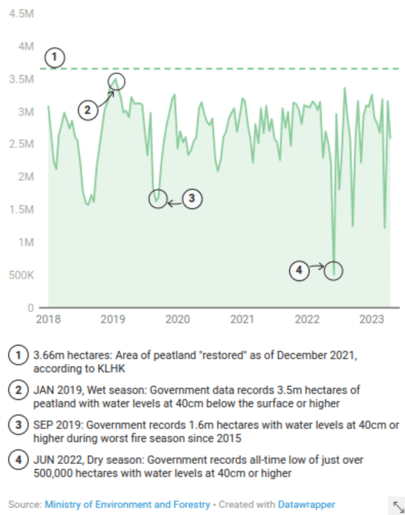 The government claims that 3.66 million hectares of peatland have been “restored”, but its own data indicates that even the area rewetted to 40cm below the surface has never reached that figure.