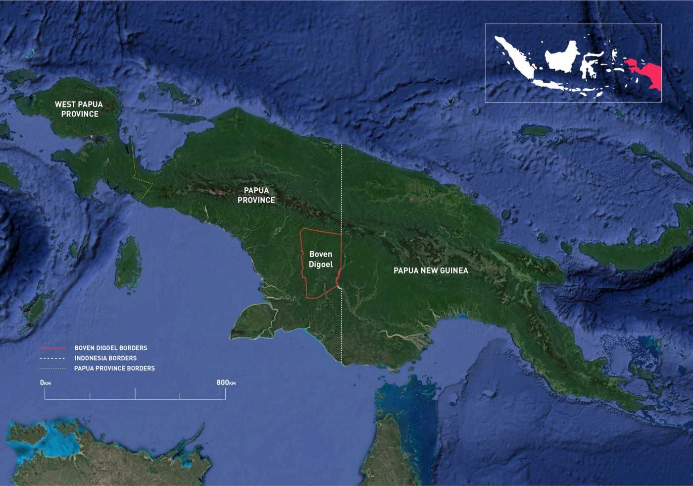 Peta Kabupaten Boven Digoel terletak di bagian paling timur Papua, Indonesia.
